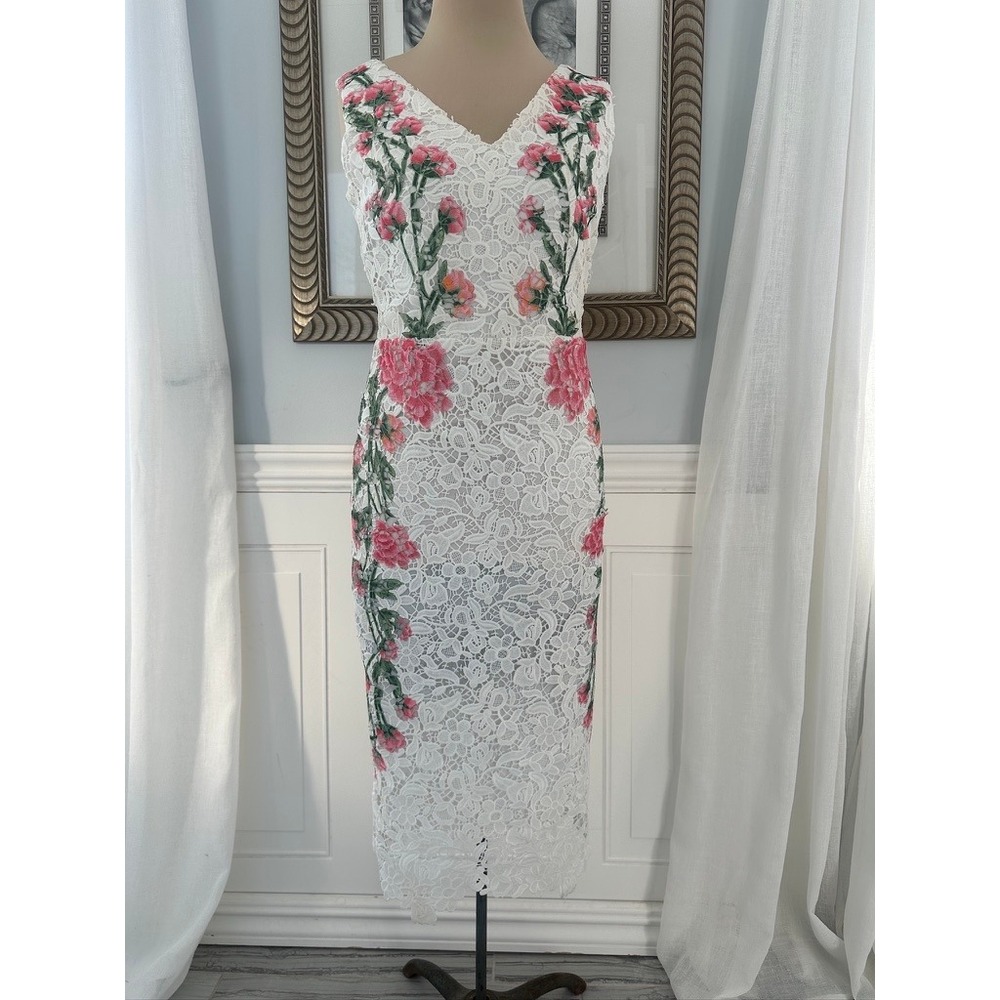 White Lace Midi Dress with Pink Floral Embroidery Accents